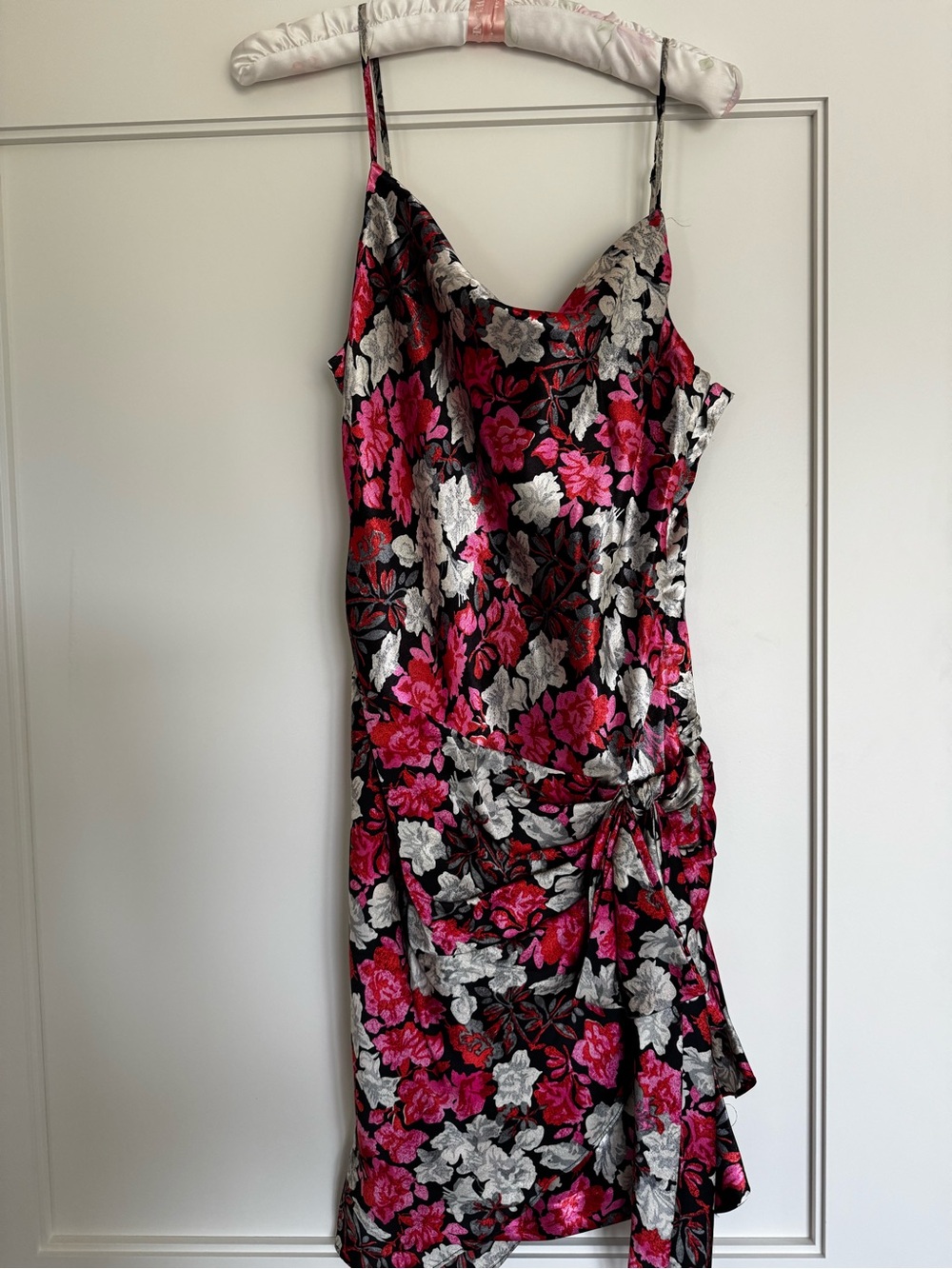 cinq a sept Black Floral Satin Slip Dress with Pink and Red Accents